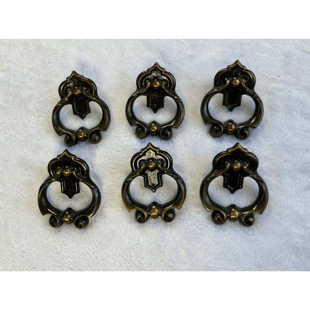 Vintage Brass Tone Ornate Drawer Pulls - Dark Bronze with Gold Highlights